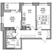 54,5 м², 2-комн. квартира, 17/27 этаж