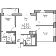 62,9 м², 3-комн. квартира, 12/23 этаж