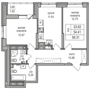 54,4 м², 2-комн. квартира, 24/27 этаж