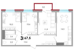 67 м², 3-комн. квартира, 11/17 этаж