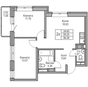 55,2 м², 2-комн. квартира, 13/23 этаж