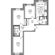 67,7 м², 3-комн. квартира, 1/27 этаж