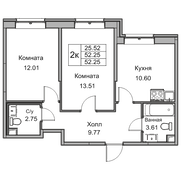 52 м², 2-комн. квартира, 1/17 этаж