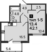 42,2 м², 1-комн. квартира, 5/8 этаж