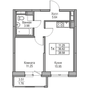 36,8 м², 1-комн. квартира, 16/23 этаж