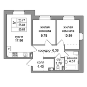 55,1 м², 2-комн. квартира, 1/27 этаж