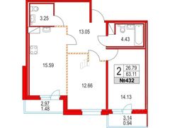 63,1 м², 2-комн. квартира, 12/16 этаж