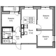 56,7 м², 3-комн. квартира, 9/24 этаж