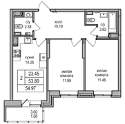 53,9 м², 2-комн. квартира, 2/27 этаж