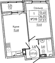 Продажа 1-комнатной квартиры 37,6 м², 7/18 этаж