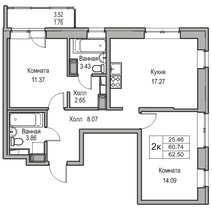 60,7 м², 2-комн. квартира, 9/23 этаж