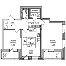 52,7 м², 2-комн. квартира, 22/27 этаж