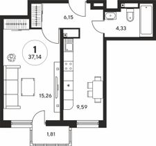 37 м², 1-комн. квартира, 24 этаж