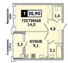 35,9 м², 1-комн. квартира, 1/18 этаж