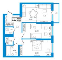 70,2 м², 3-комн. квартира, 21/26 этаж