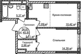 45,9 м², 2-комн. квартира, 2/32 этаж
