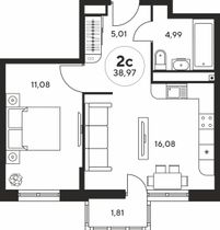 38,7 м², 2-комн. квартира, 24 этаж