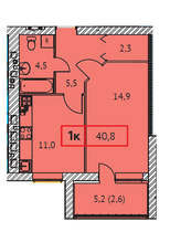 40,8 м², 1-комн. квартира, 1/9 этаж