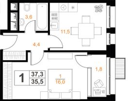 Продажа 1-комнатной квартиры 35,5 м², 11/20 этаж