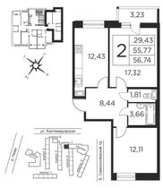 Продажа 2-комнатной квартиры 55,8 м², 2/12 этаж