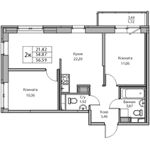 54,9 м², 2-комн. квартира, 15/23 этаж