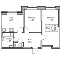 54,5 м², 2-комн. квартира, 1/24 этаж