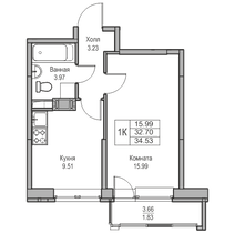 32,7 м², 1-комн. квартира, 12/23 этаж