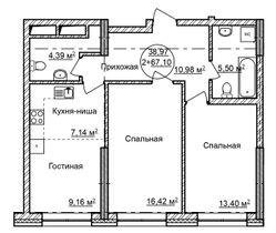 67,1 м², 3-комн. квартира, 28/32 этаж