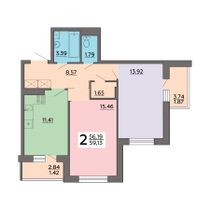 59,1 м², 2-комн. квартира, 6/18 этаж