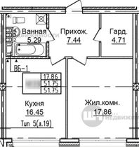Продажа 1-комнатной квартиры 51,8 м², 4/7 этаж