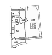 Продажа 1-комнатной квартиры 36,8 м², 5/25 этаж