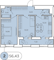 Продажа 2-комнатной квартиры 56,4 м², 2/13 этаж