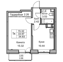 34,7 м², 1-комн. квартира, 13/24 этаж