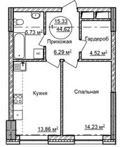 44,6 м², 1-комн. квартира, 22/32 этаж