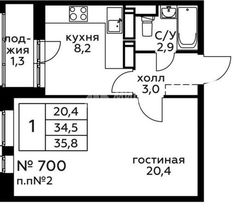 Продажа 1-комнатной квартиры 35,8 м², 9/20 этаж