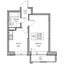 32,8 м², 1-комн. квартира, 2/23 этаж