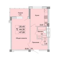 47 м², 1-комн. квартира, 9 этаж