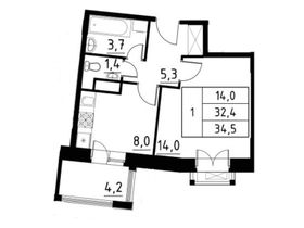 34,5 м², 1-комн. квартира, 2/6 этаж