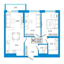 62,6 м², 3-комн. квартира, 22/26 этаж