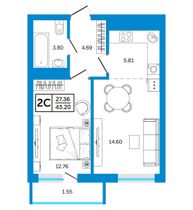 43,2 м², 2-комн. квартира, 13/26 этаж