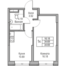 34,7 м², 1-комн. квартира, 1/23 этаж