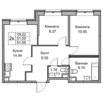 51,4 м², 2-комн. квартира, 1/17 этаж