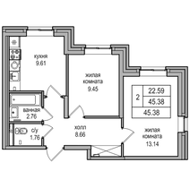 45,4 м², 2-комн. квартира, 1/27 этаж