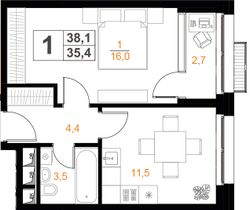 Продажа 1-комнатной квартиры 35,4 м², 6/20 этаж