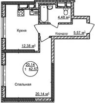 42,6 м², 1-комн. квартира, 28/32 этаж