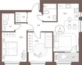 63,8 м², 2-комн. квартира, 11/18 этаж