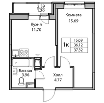 37,1 м², 1-комн. квартира, 6/24 этаж