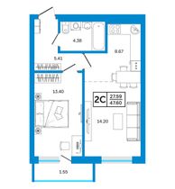 47,6 м², 2-комн. квартира, 24/24 этаж