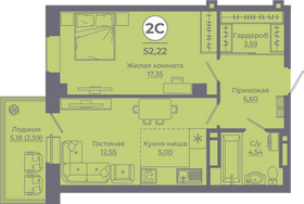 52 м², 2-комн. квартира, 24/24 этаж