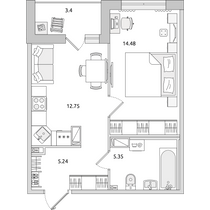 Продажа 1-комнатной квартиры 41,2 м², 2/14 этаж